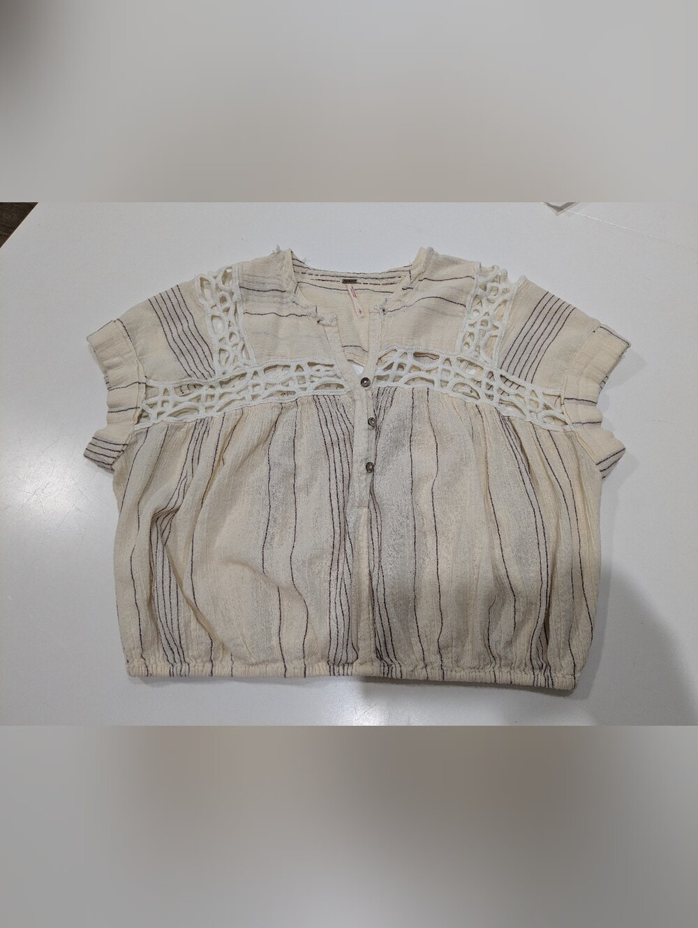 Free People Cream Striped Crochet Yoke Button Front Blouse